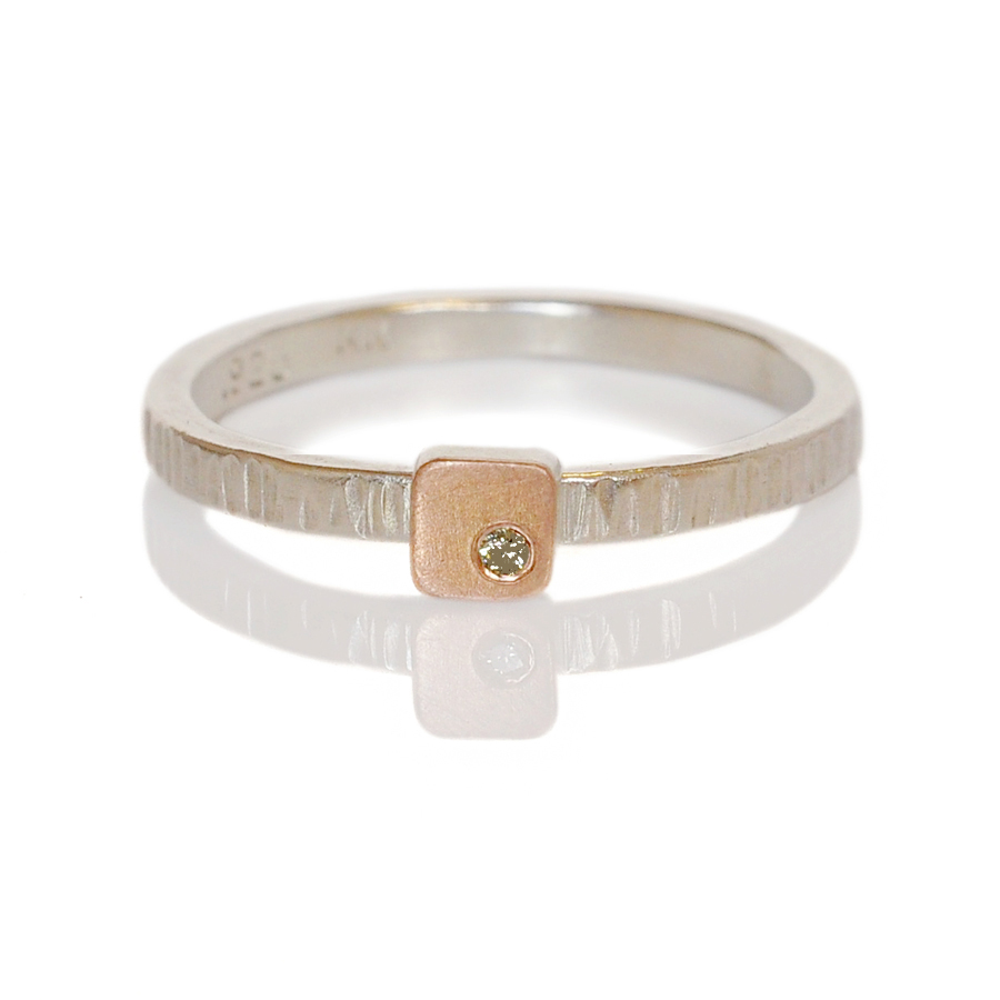 mens womens unisex modern minimal mixed metal, sterling silver with 14k red rose pink gold accent and champagne diamond custom jewelry handmade Minneapolis recycled metal custom rings