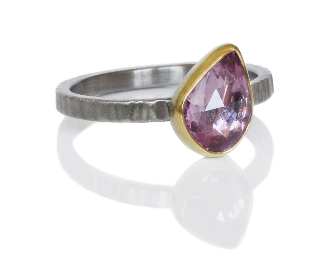 pink sapphire, rosecut sapphire, 18k yellow gold, palladium, mixed metal, wedding engagement commitment ring, minneapolis custom jewelry, recycled metal, minnesota jeweler