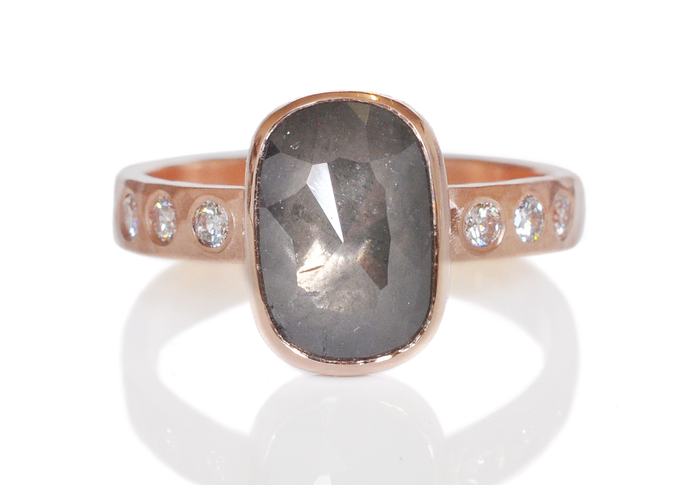 salt and pepper rosecut diamond in 14k red rose pink gold bezel on hammered band recycled metals conflict free stones Minneapolis handmade custom rings alternative bridal flush set diamonds in band