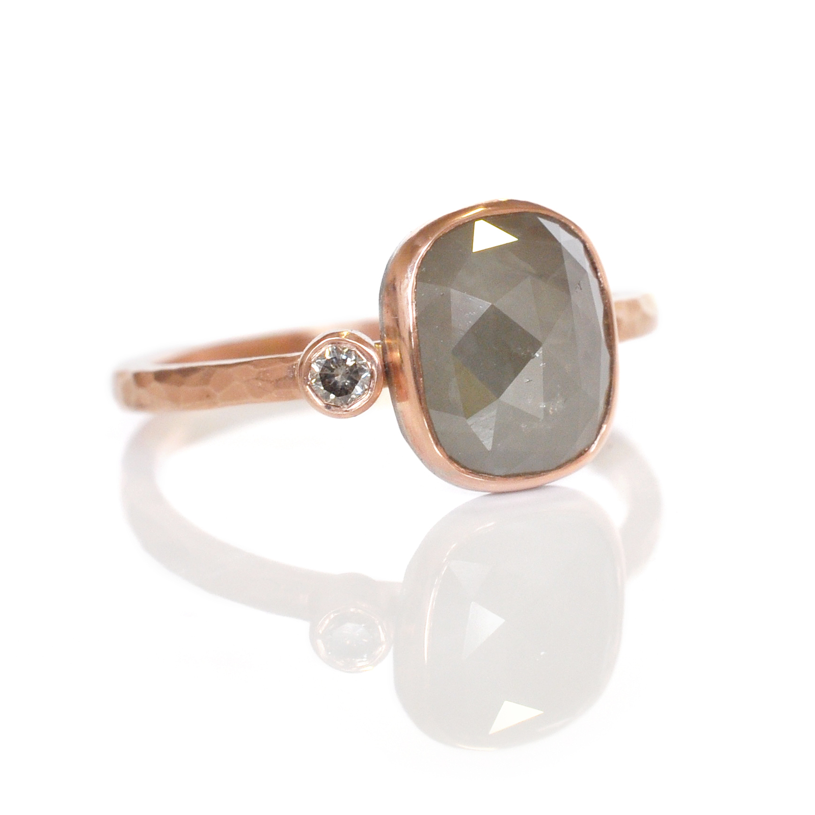 multi-stone ring with gray rosecut diamond and champagne diamond in 14k red rose pink gold bezel on hammered band recycled metals conflict free stones Minneapolis handmade alternative bridal