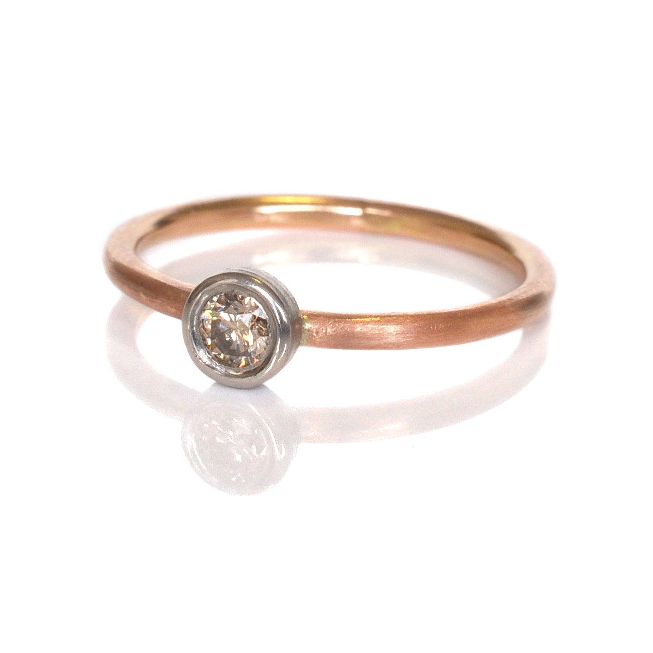 champagne rosecut diamond in 14k red rose pink gold bezel on hammered band recycled metals conflict free stones Minneapolis handmade custom rings alternative bridal