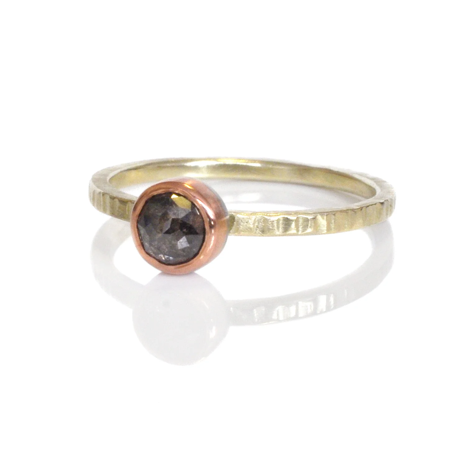 rustic rosecut diamond in 14k red rose pink gold bezel on 14k green gold hammered band recycled metals conflict free stones Minneapolis handmade custom rings alternative bridal