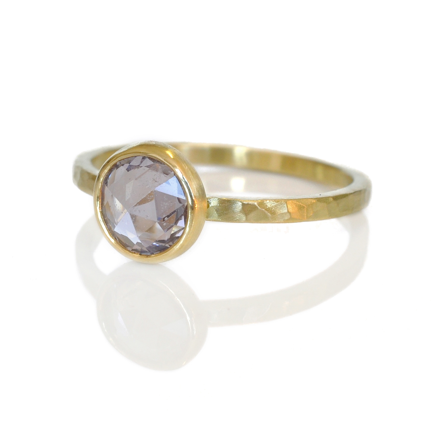 rosecut purple sapphire in 18k yellow gold bezel on hammered band recycled metals conflict free stones Minneapolis handmade custom rings alternative bridal