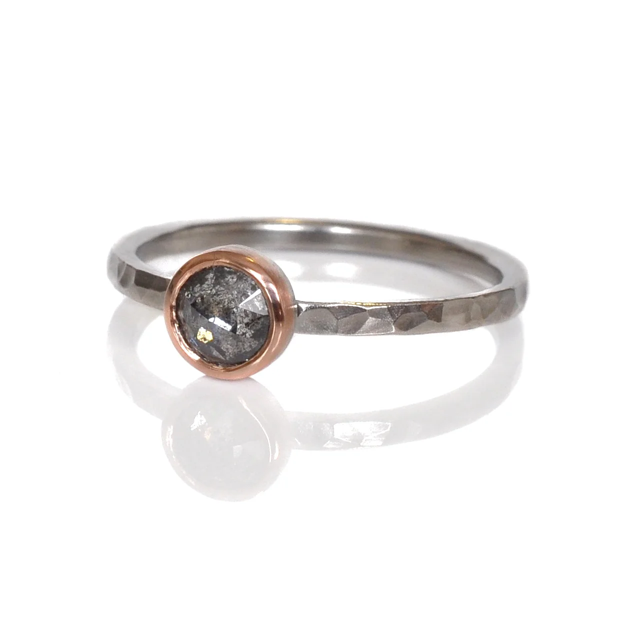 salt and pepper rosecut diamond in 14k red rose pink gold bezel on 500 palladium hammered band recycled metals conflict free stones Minneapolis handmade custom rings alternative bridal mixed metal