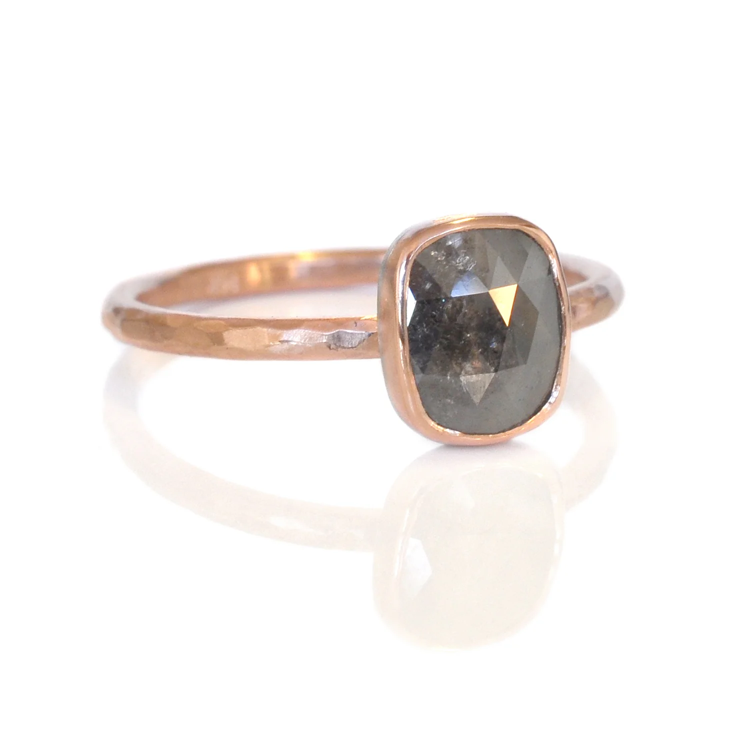 salt and pepper rosecut diamond in 14k red rose pink gold bezel on hammered band recycled metals conflict free stones Minneapolis handmade custom rings alternative bridal