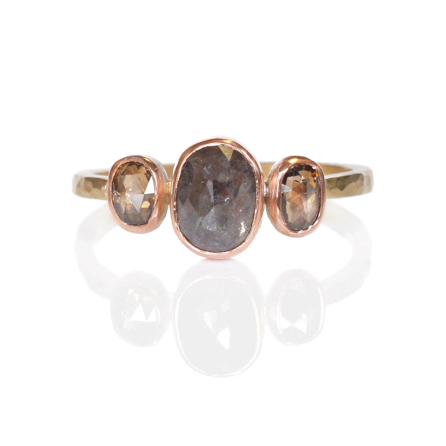 14k yellow gold 14k red rose pink gold multistone ring mixed metal oval champagne diamond hammered band recycled alternative bridal engagement ring
