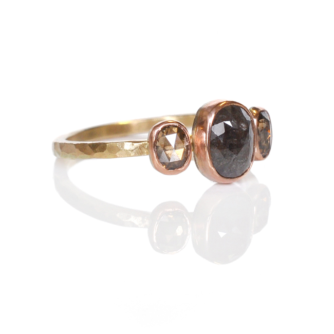 14k yellow gold 14k red rose pink gold multistone ring mixed metal oval champagne diamond hammered band recycled alternative bridal engagement ring