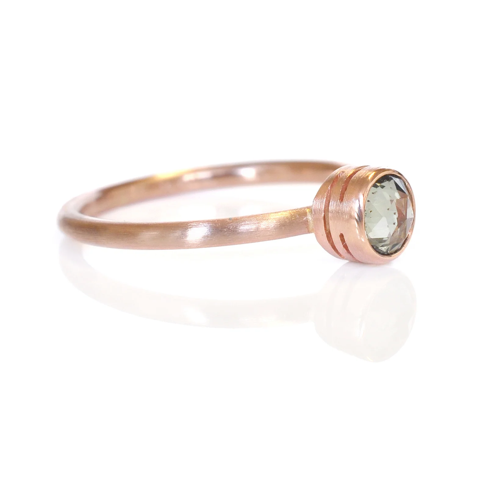 14k red rose pink gold green rosecut sapphire ring satin finish modern minimal solitaire alternative wedding engagement commitment rings ec design ethical jeweler minneapolis custom jewelry