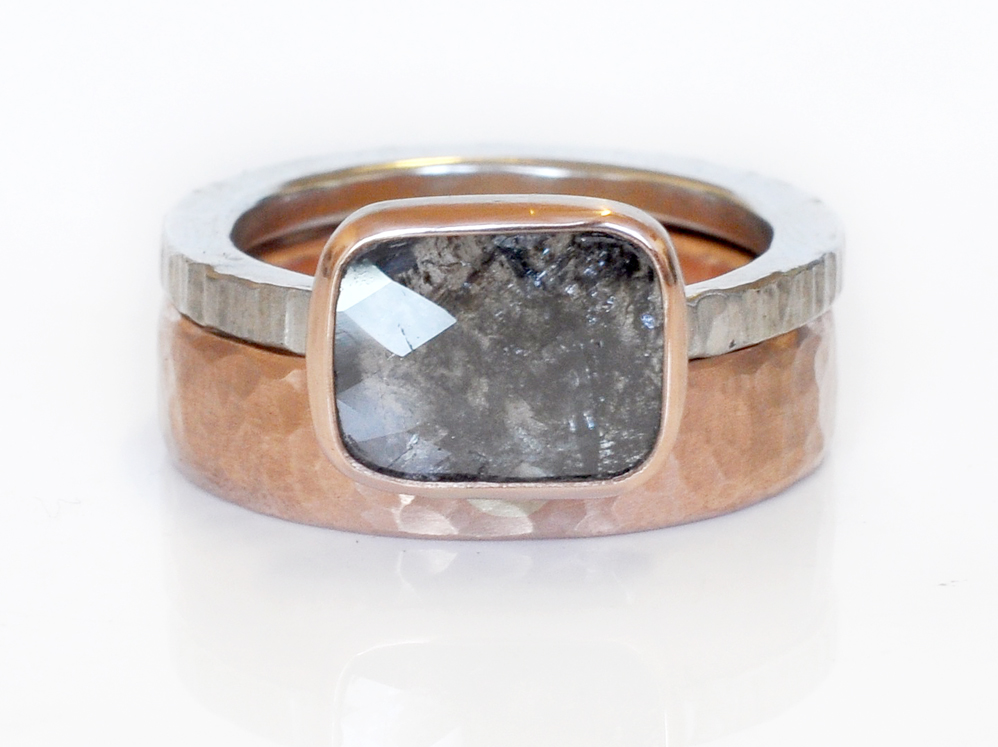 A gorgeous salt and pepper diamond slice tops off this set of chunky statement rings, perfect for a rough and tumble cowgirl like Frieda. Recycled 14k red gold with a hammered finish and linear hammered palladium.