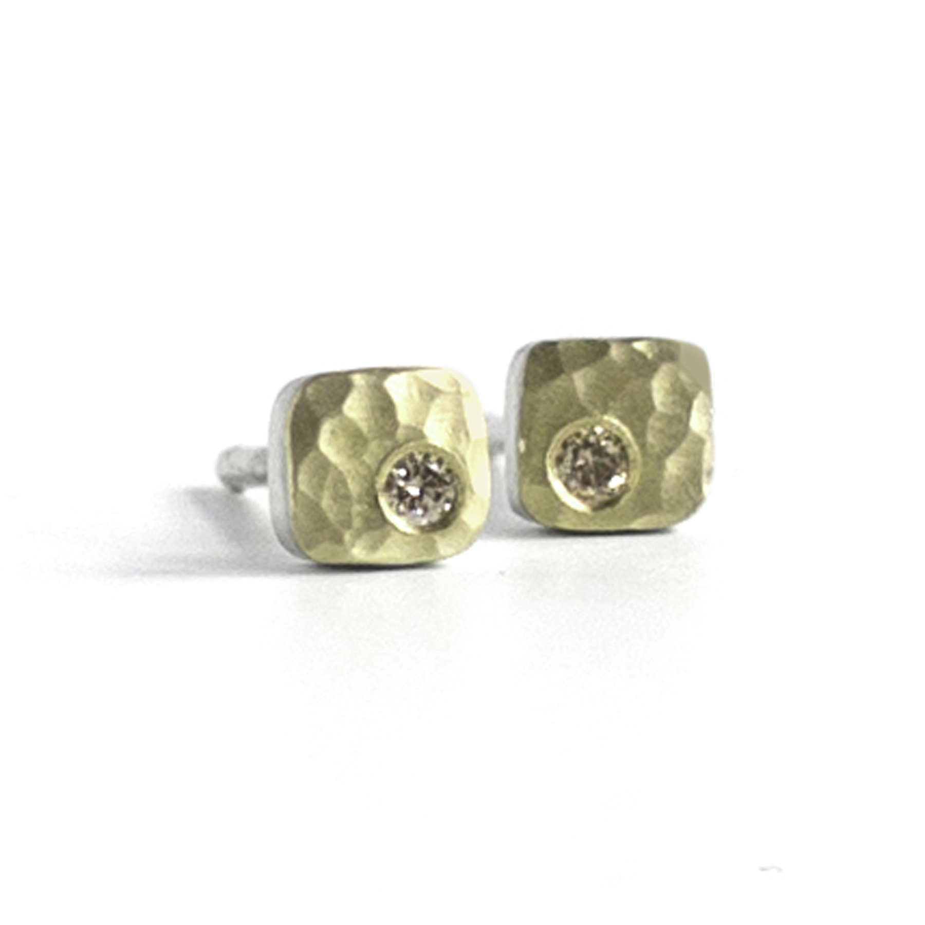 sterling silver 18k yellow stud earrings flushset champagne diamonds asymmetrical hammered square tiny modern minimal mixed metal jewelry ec design ethical jeweler minneapolis mn custom jewelry