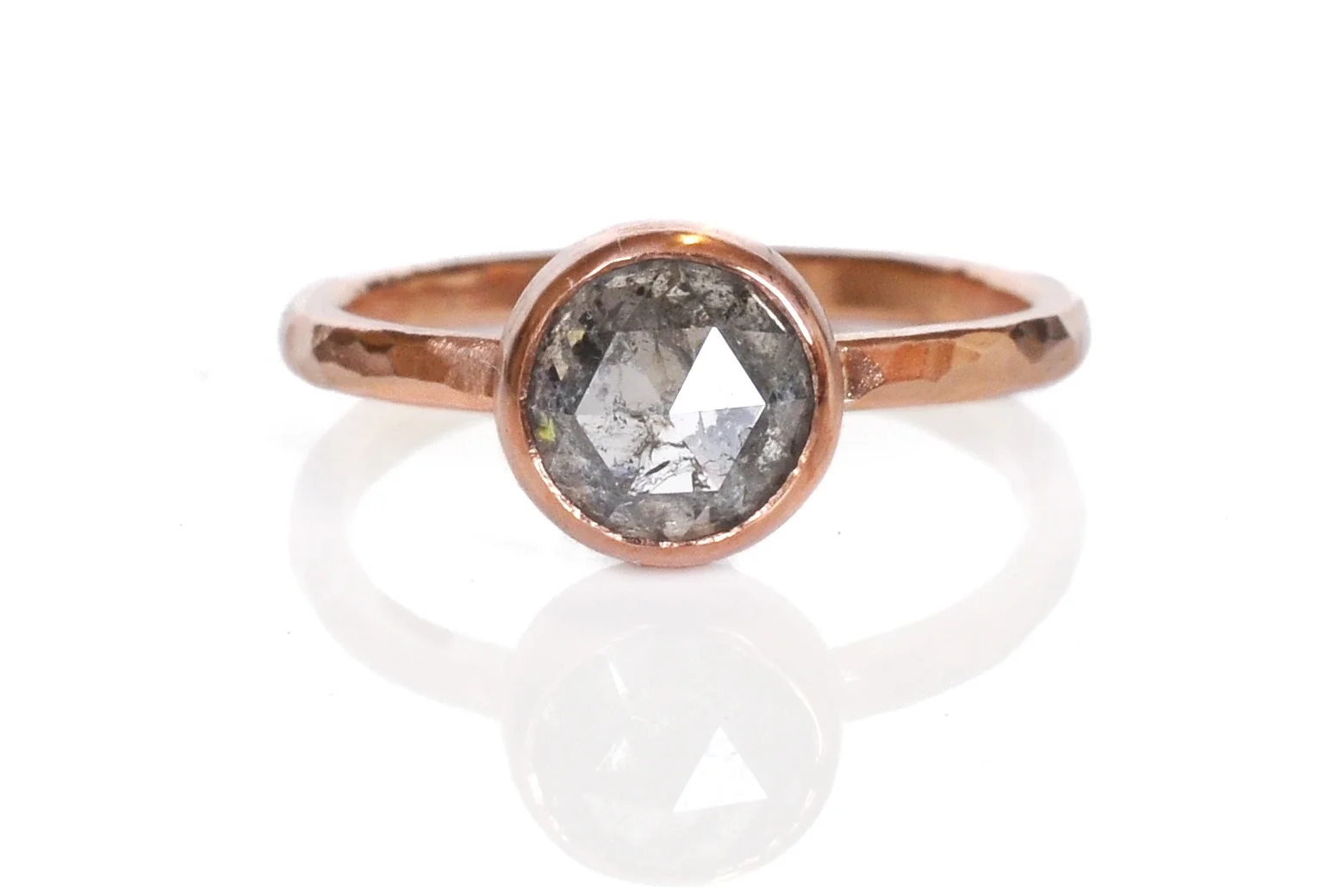 Alicia and Brian pick out a stunning salt and pepper rose cut diamond! A hammered 14k red gold setting with an open back bezel is the perfect frame for this beauty.