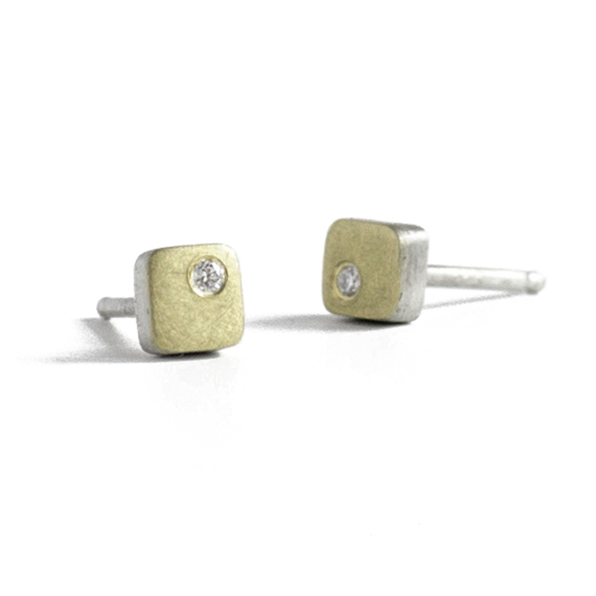 sterling silver 18k yellow gold white diamond tiny square stud earrings modern minimal mixed metal ec design minneapolis handmade custom jewelry