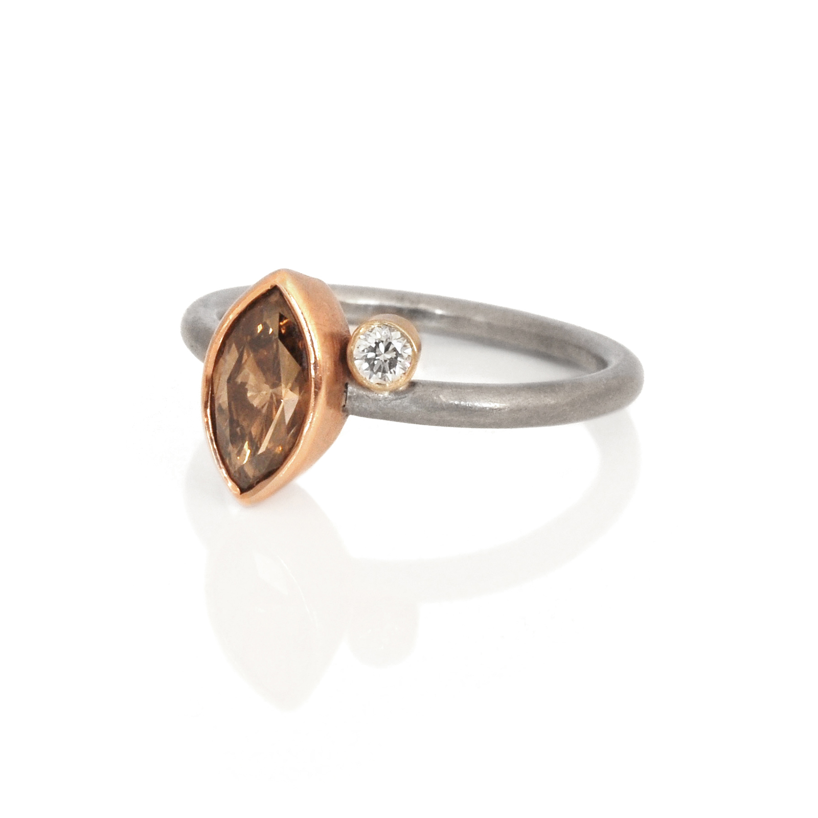 14k red rose pink gold bezel cognac white diamond mixed metal alternative wedding engagement commitment ring ec design minneapolis custom jewelry modern minimal