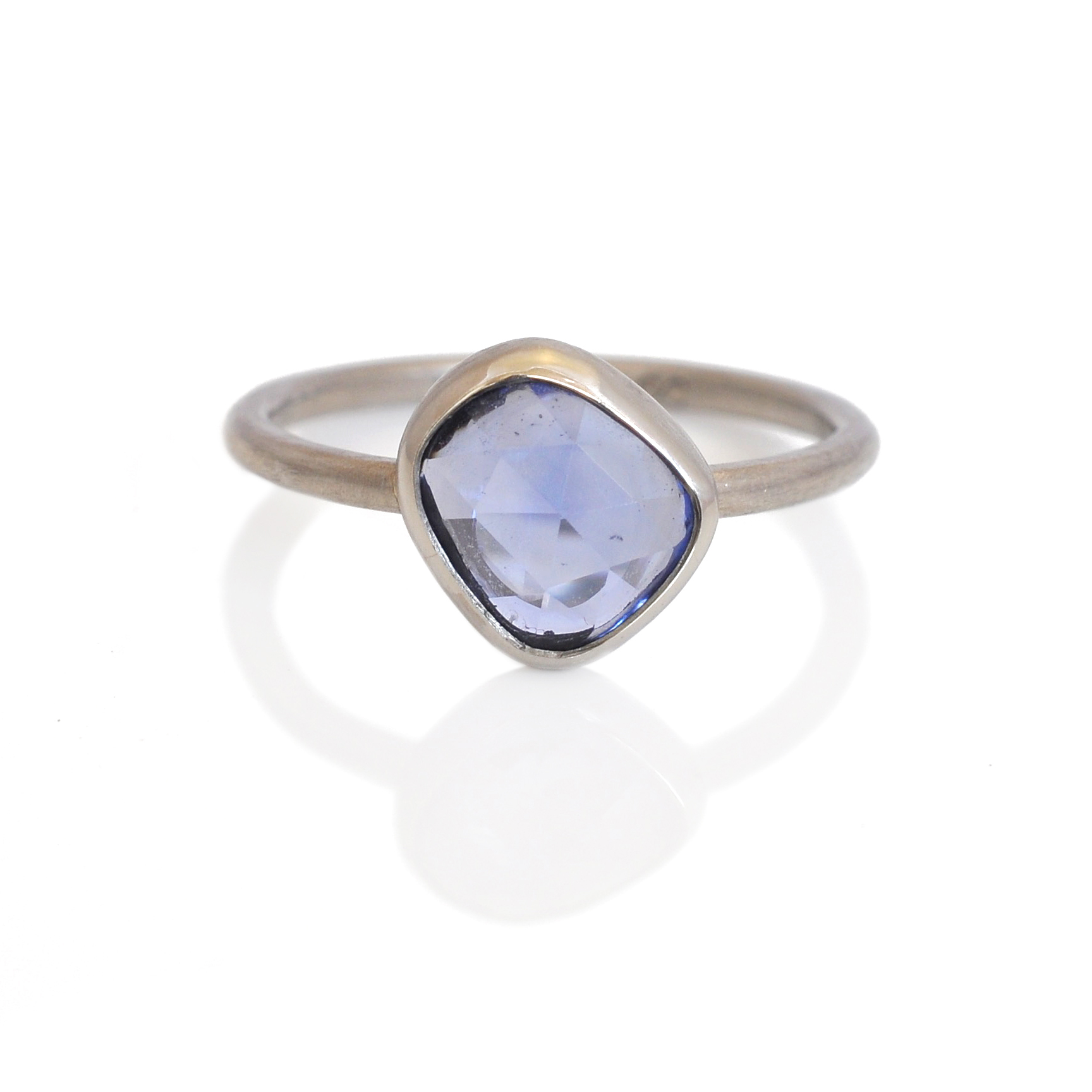 blue rose cut sapphire engagement ring custom made in minneapolis, MN recycled metals and responsibly sourced stones, bezel set, satin finish
