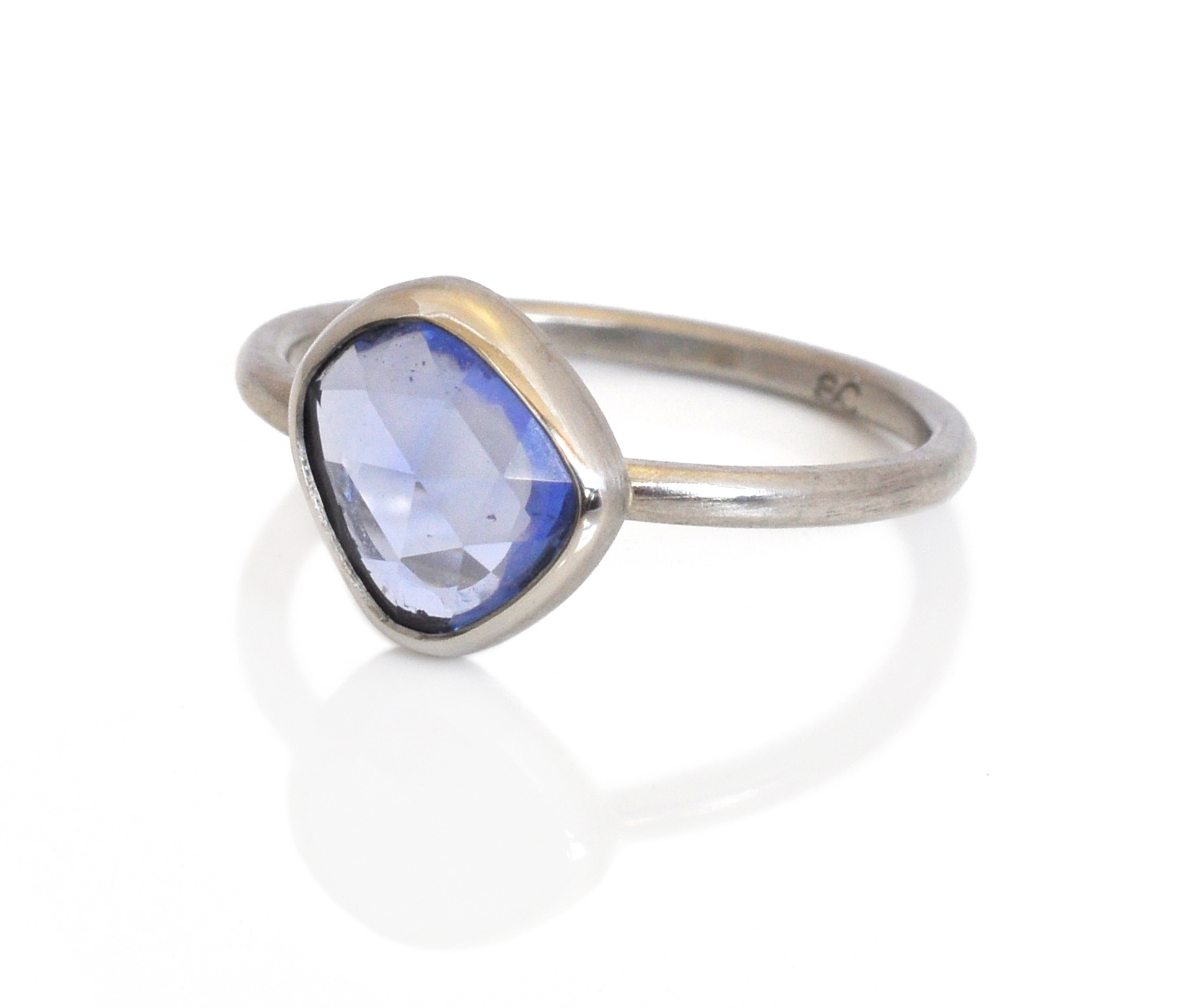 blue rose cut sapphire engagement ring custom made in minneapolis, MN recycled metals and responsibly sourced stones, bezel set, satin finish