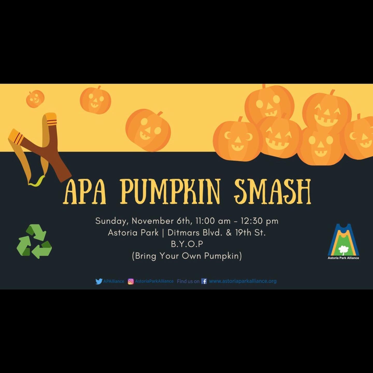 Save those pumpkins, Astoria! 🎃
Pumpkin Smash is Sunday! (11/6)

Join us for the Astoria Park Alliance 3rd Annual Pumpkin Smash! 
Sunday, November 6, 2022
11:00 AM - 12:30 PM
Astoria Park at Ditmars Blvd. and 19th Street

Don&rsquo;t trash it, SMASH