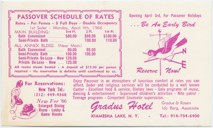 Postcard advertising rates for rooms and accomodations at the Gradus Hotel in Kiamesha Lake, NY, for the Passover holidays in 1966..jpg