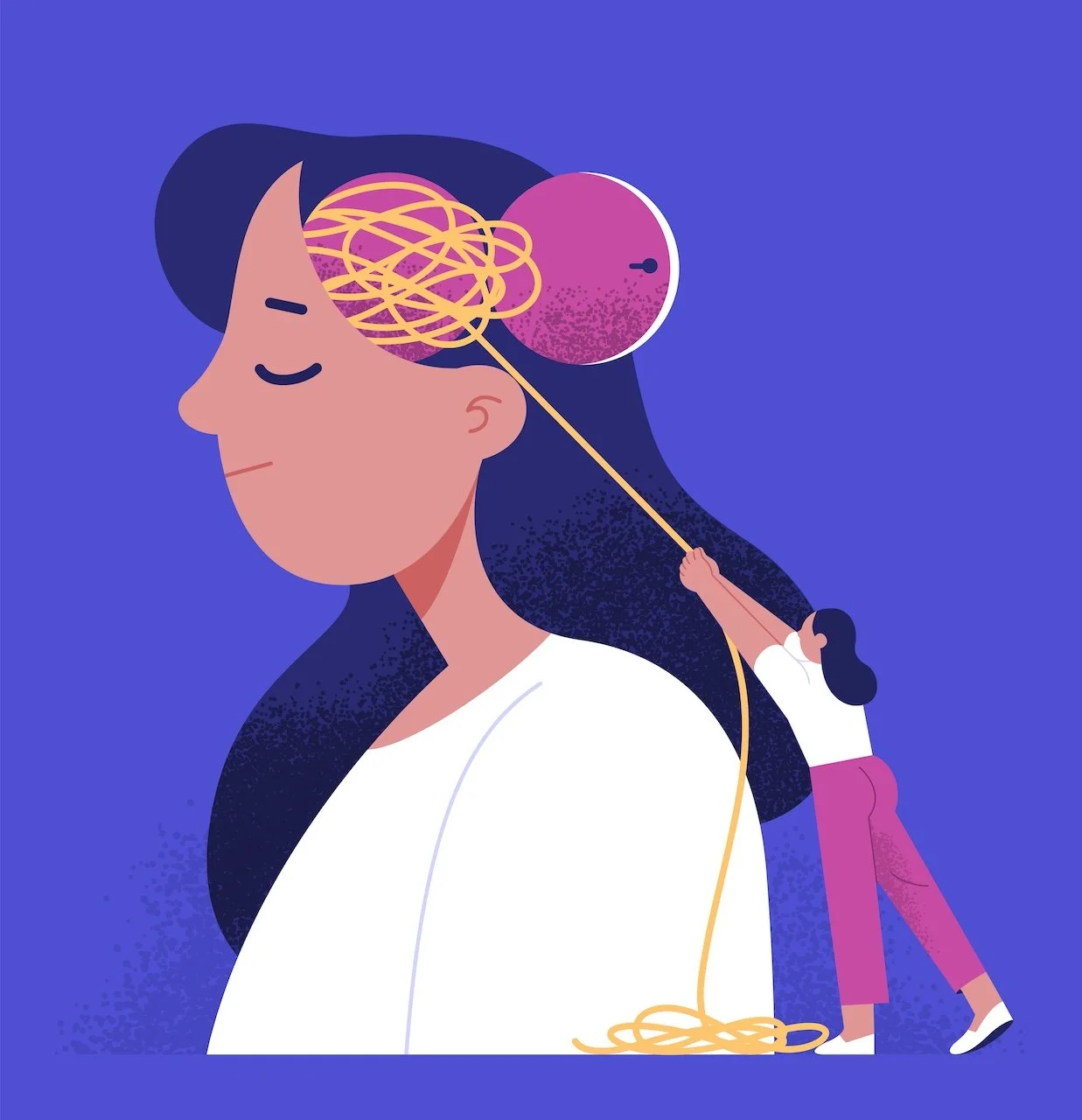 Calming technique: Cartoon woman unraveling ball of yarn from her head