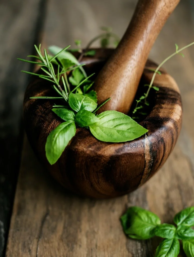 Homeopathic herbs in mortar and pestle