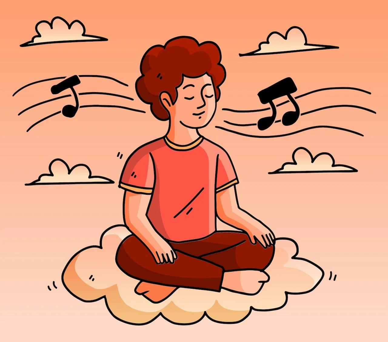 Orange-toned illustration of young man meditating with music notes floating around head