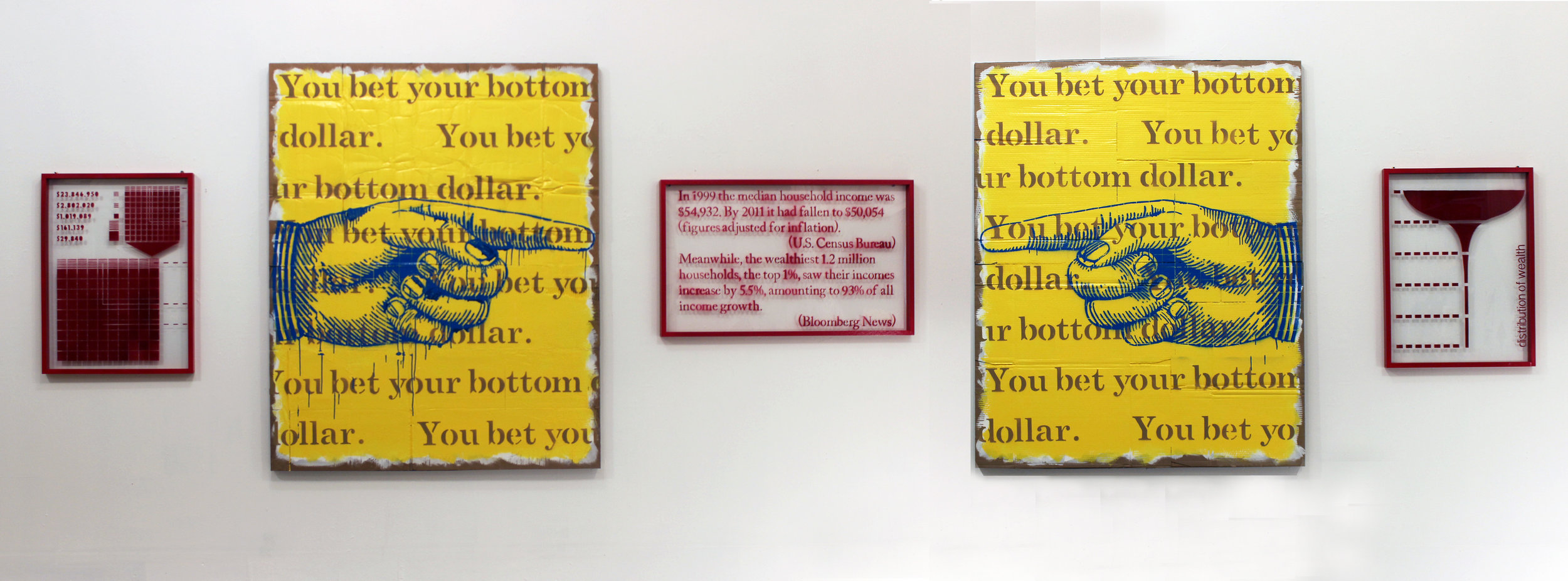 To Have and Have Not, 2018 Hand Job 3 and 4, two Graphs and one Stat- installation view, 2018, Hand Job 3 and 4, 64” x 52”, acrylic on cardboard and wood products, Graphs 30” x 24”, paint on glass with wood products, Stat 25” x 41”, paint on plexiglass with wood products