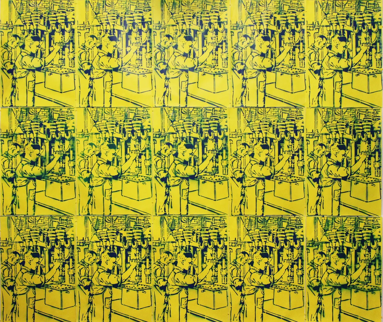 To Have and Have Not, 2018 Assembly Line, 2018, 15 pieces, each piece 40” x 26”, acrylic on rag paper