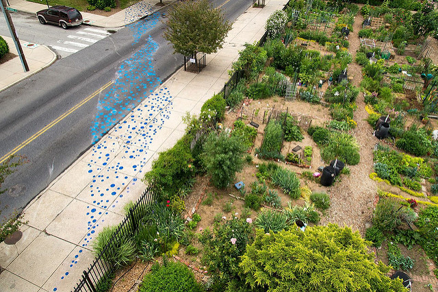 Rain art installation visualizing the urban water cycle. Photo credit: Philadelphia Water Department