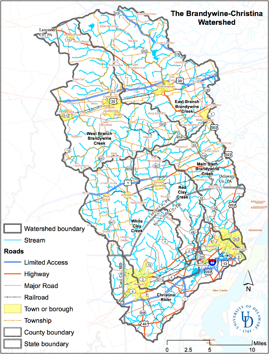 A map showing the Brandywine-Christina Watershed and sub watersheds.