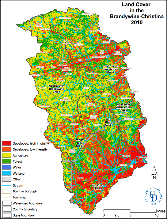 A map showing the land cover in the Brandywine-Christina Watershed from 2010.