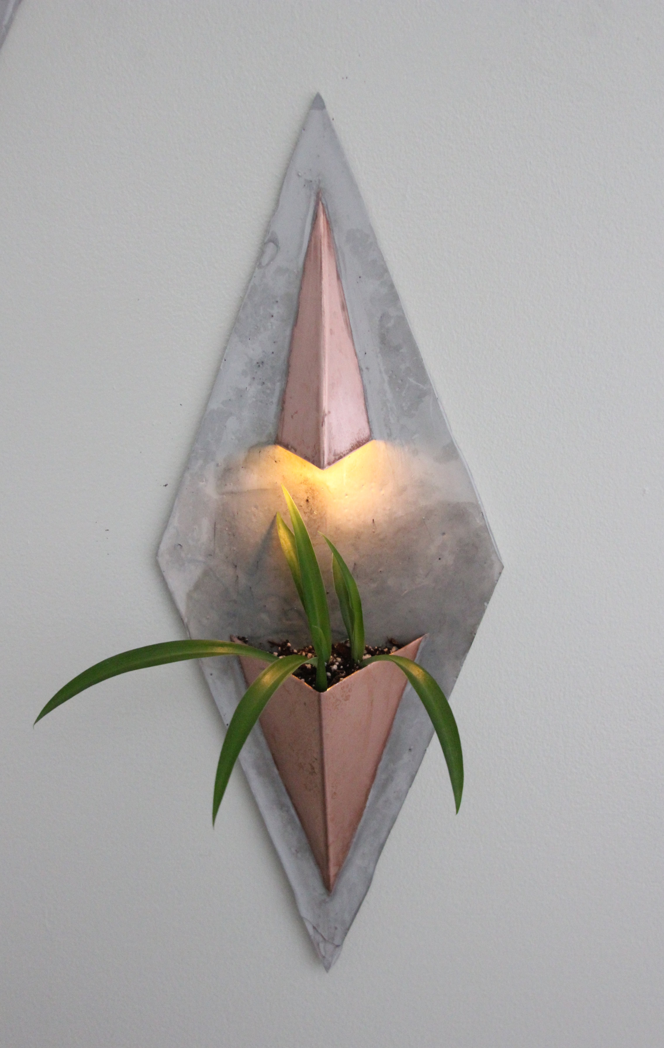 “Ternion IV” Copper + Cement + LED Planter 7" w x 18 h $125 Made to Order