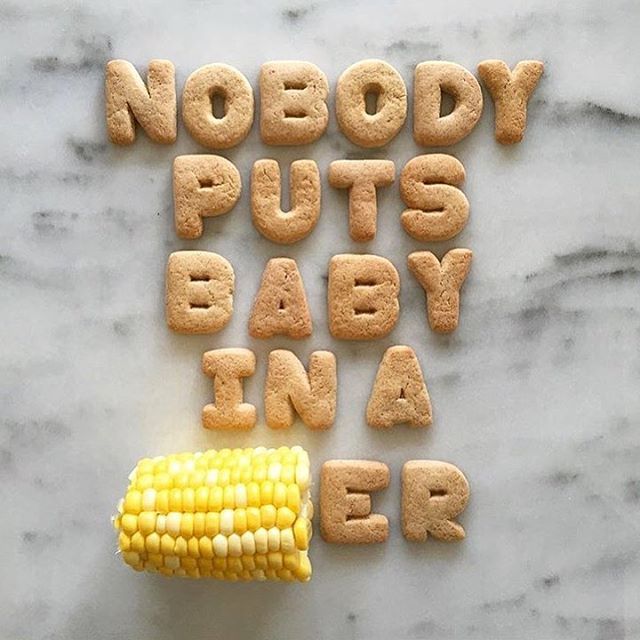 We are SO feeling the sweet corn 🌽 right now, and this quote is spot on 🙌🏻 for how we feel about including the whole fam at the table 😂. #atthetabletogether #familydinner #dirtydancing #summer #foodpuns Credit @mariesaba for her genius #foodart #