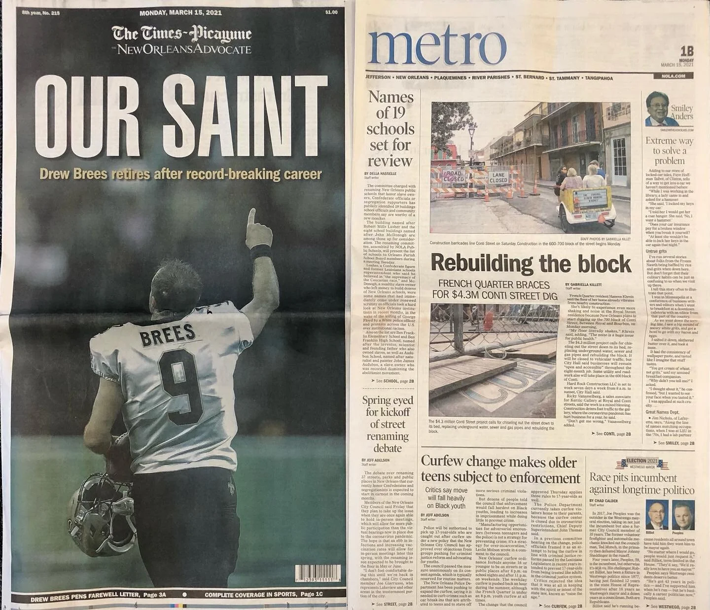 We are in good company. Both Drew Brees &amp; Need a Ride made the front section of the paper today! 

He will forever be our Saint. He sure made our city explode and we are forever grateful. 

#drewbrees #needaridenola #pedicab #saints #nola #neworleans