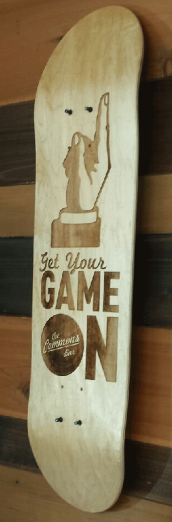 The Commons Bar Game Room Sign Skateboard Laser Etched