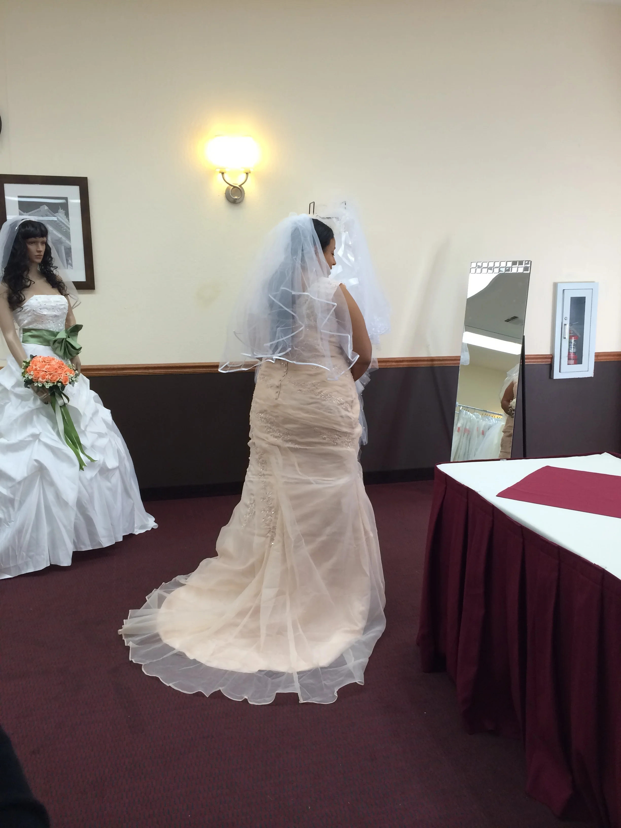  This gown is shown in size 24. I have it available up to size 28. &nbsp;It is a sheath style,&nbsp;&nbsp;with &nbsp;a short court train.&nbsp; 