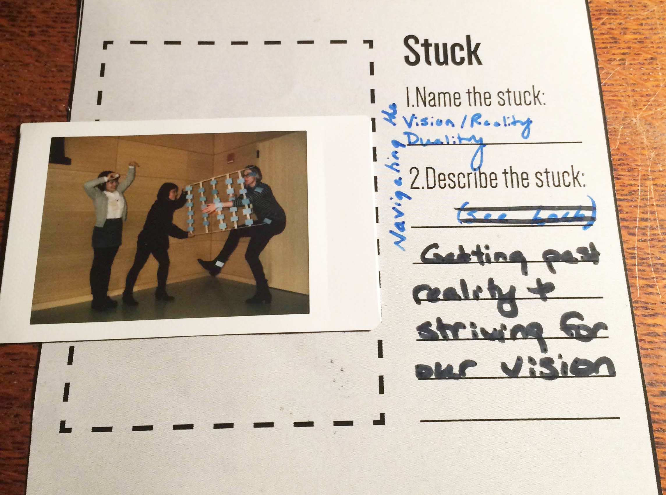 Fig.4: the 'stuck' moments were captured with a polaroid camera and groups had to name the ways they were 'stuck' and describe it