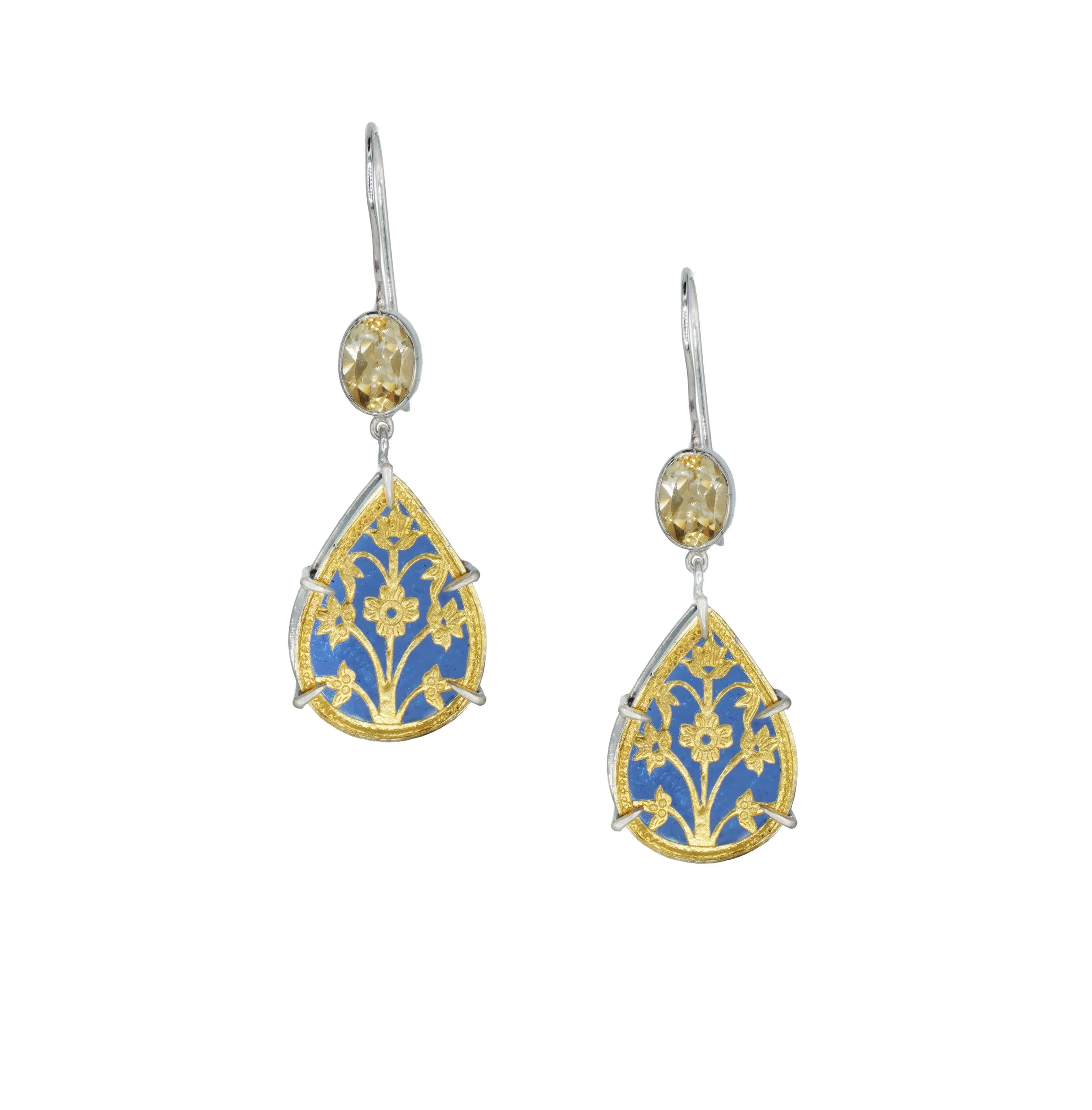 Citrine and Blue Thewa Drop Earrings