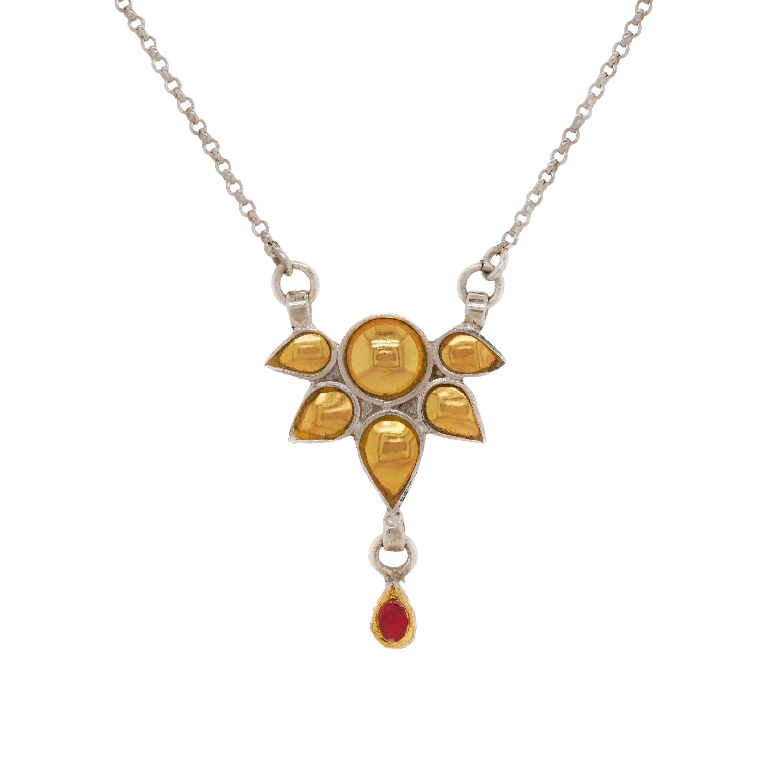 Ruby, Gold and Silver Lotus Pendant Necklace