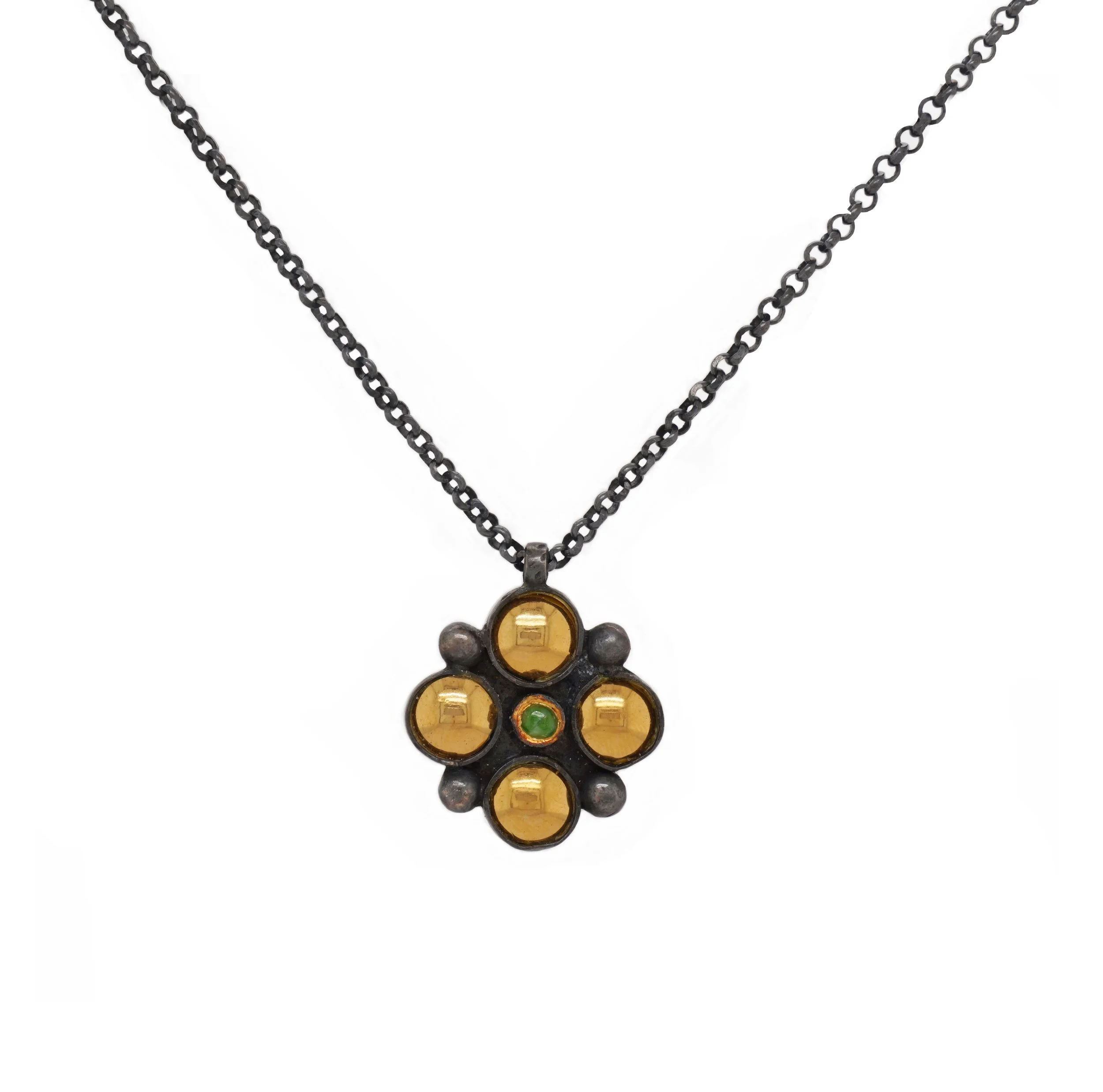 Emerald, Gold and Oxidized Silver Quatrefoil Pendant Necklace