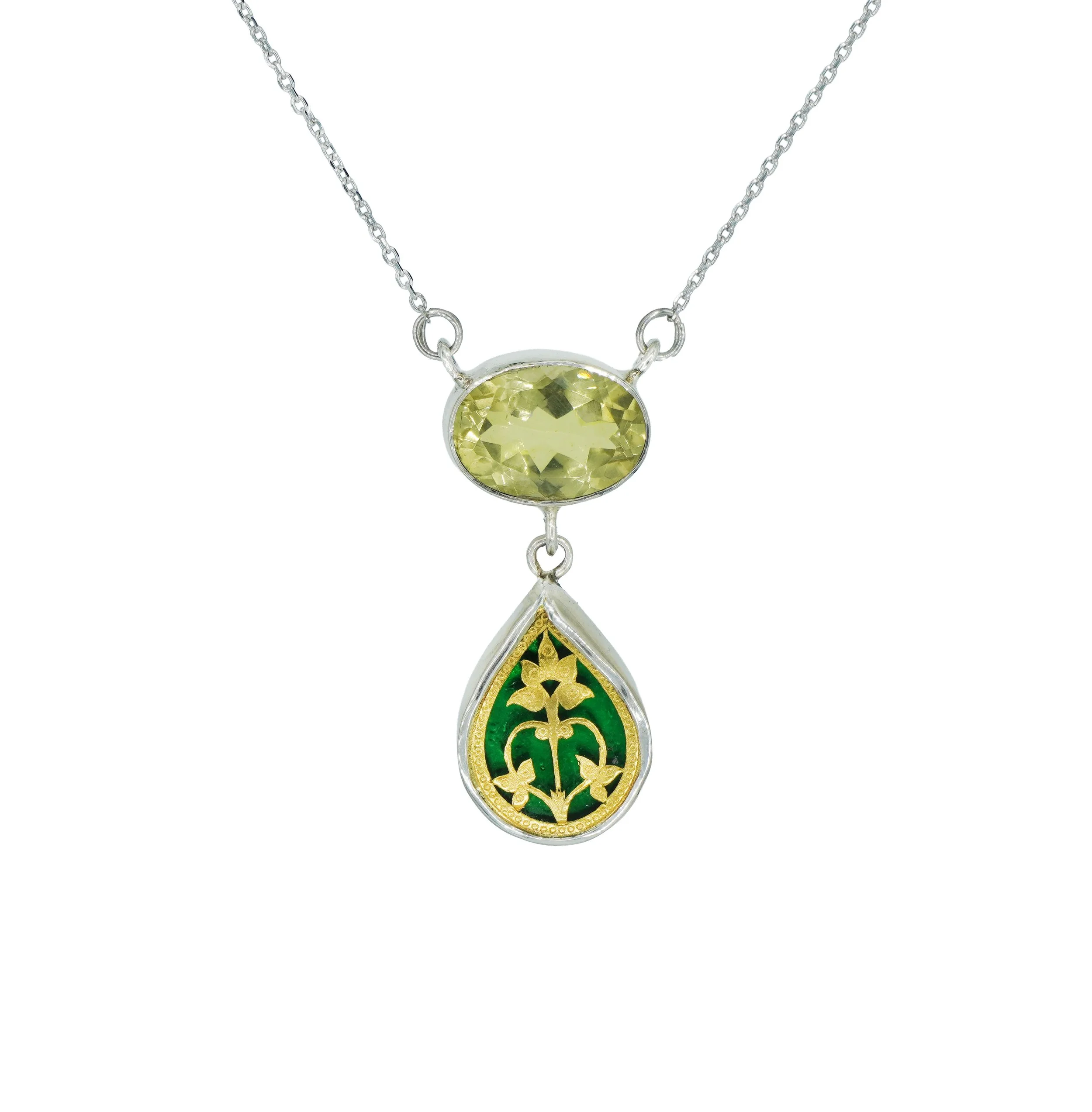 Prasiolite and Green Thewa Pendant Necklace