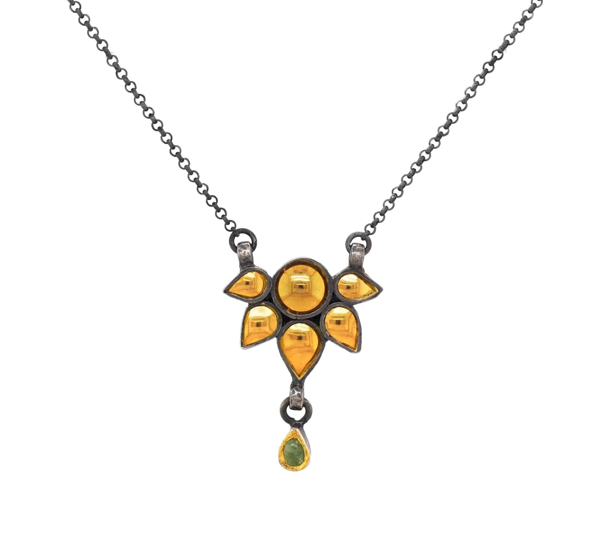 Emerald, Gold and Oxidized Silver Pendant Necklace