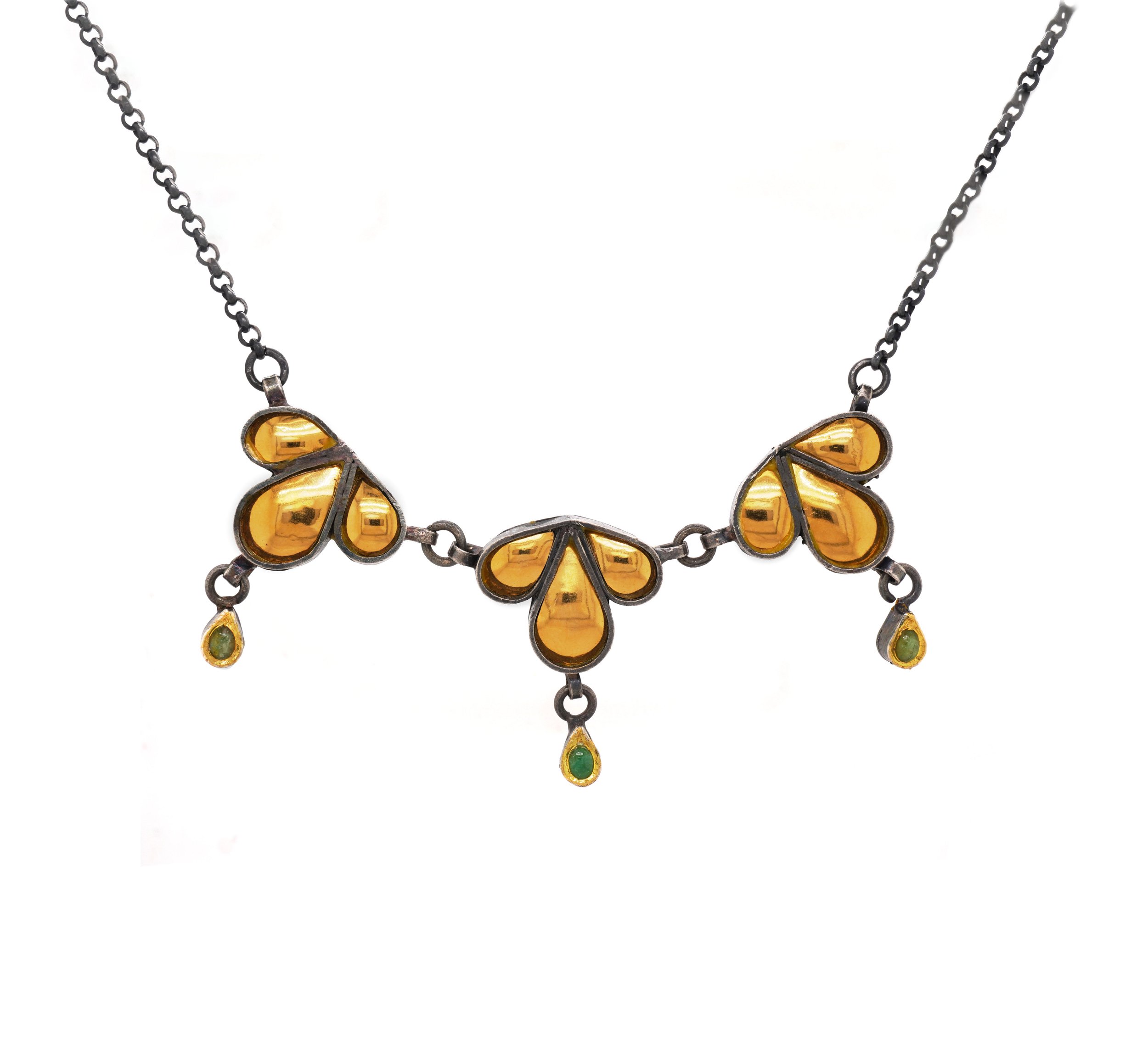 Emerald, Gold and Oxidized Silver Frond Necklace