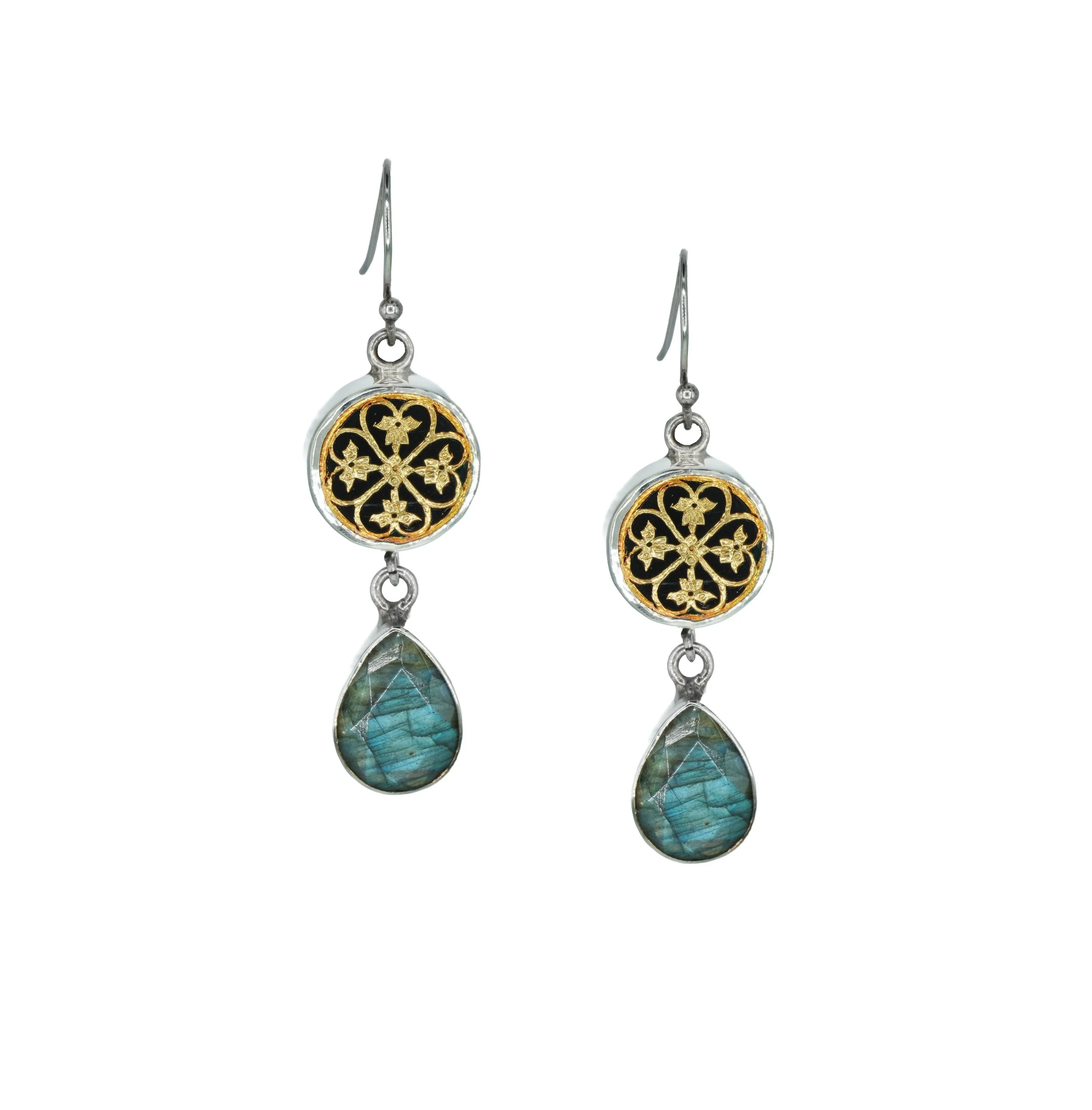 Labradorite and Black Thewa Drop Earrings