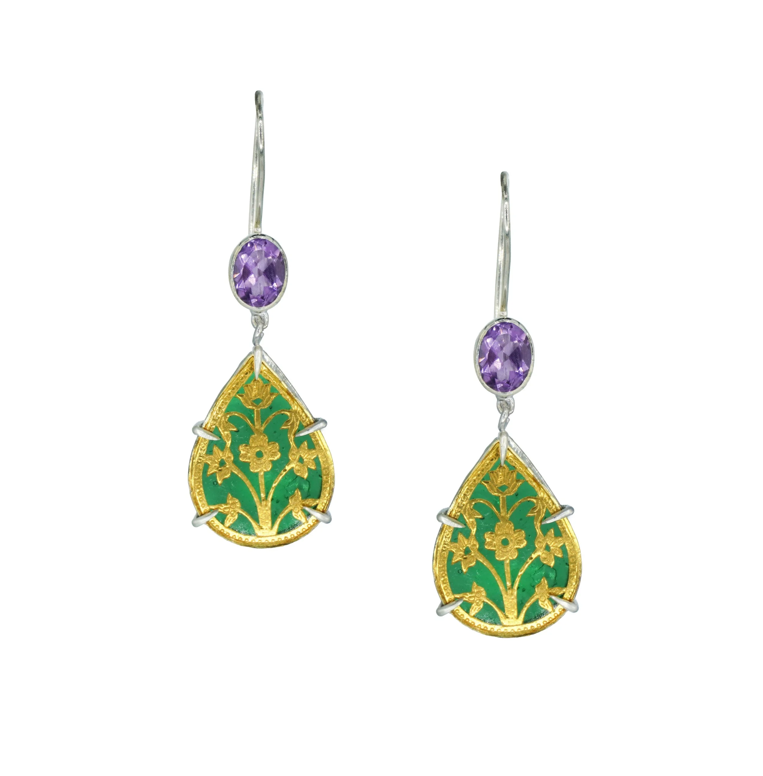 Amethyst and Green Thewa Drop Earrings