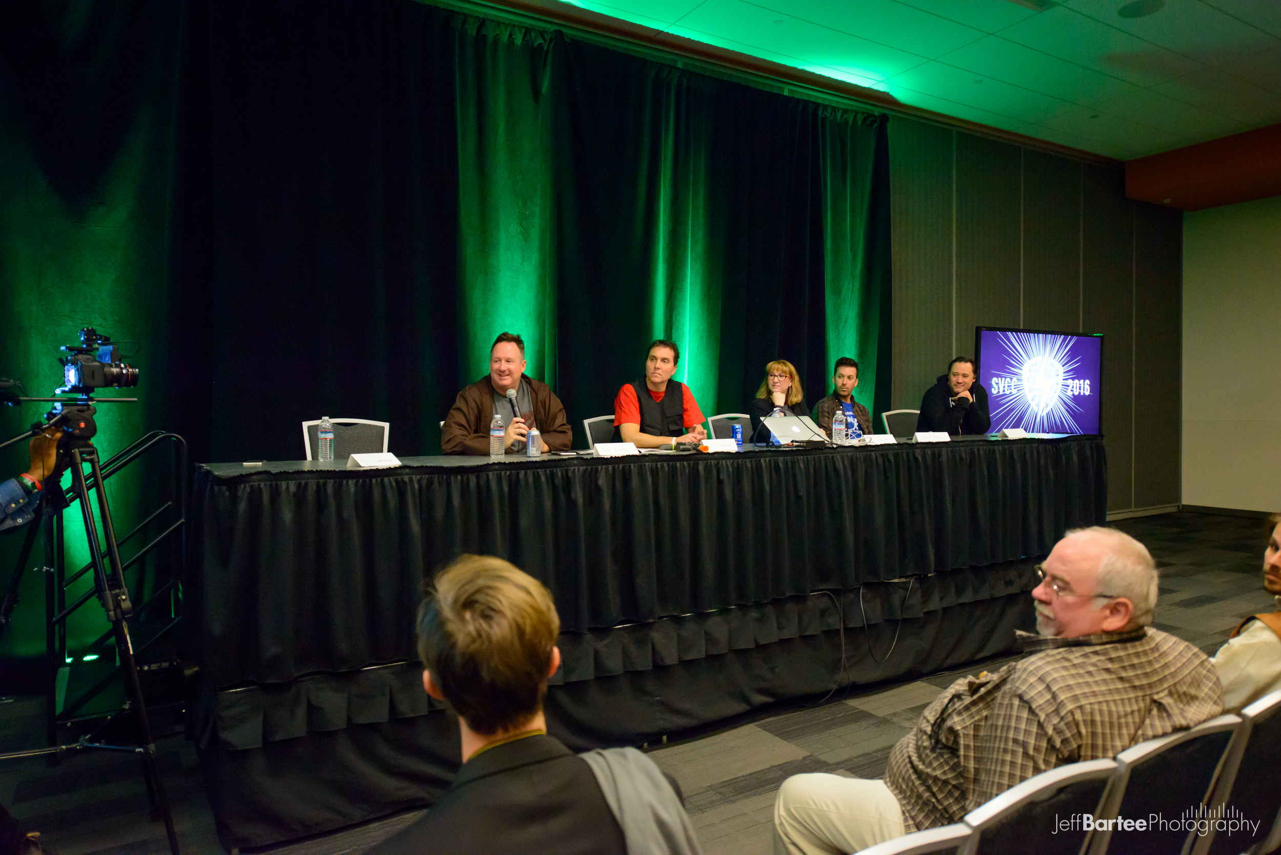 The panel featured (from left to right) Jeff Annison (Legion M), Paul Scanlan (Legion M), Terri Lubaroff (representing Meltdown Comics), David Brooks (Stoopid Buddy Stoodios), and Alex Lieu (42 Entertainment/Animal Repair Shop). It was moderated by Jim Louderback (VidCon/Revision 3) who went "Geraldo style" into the audience fielding questions.