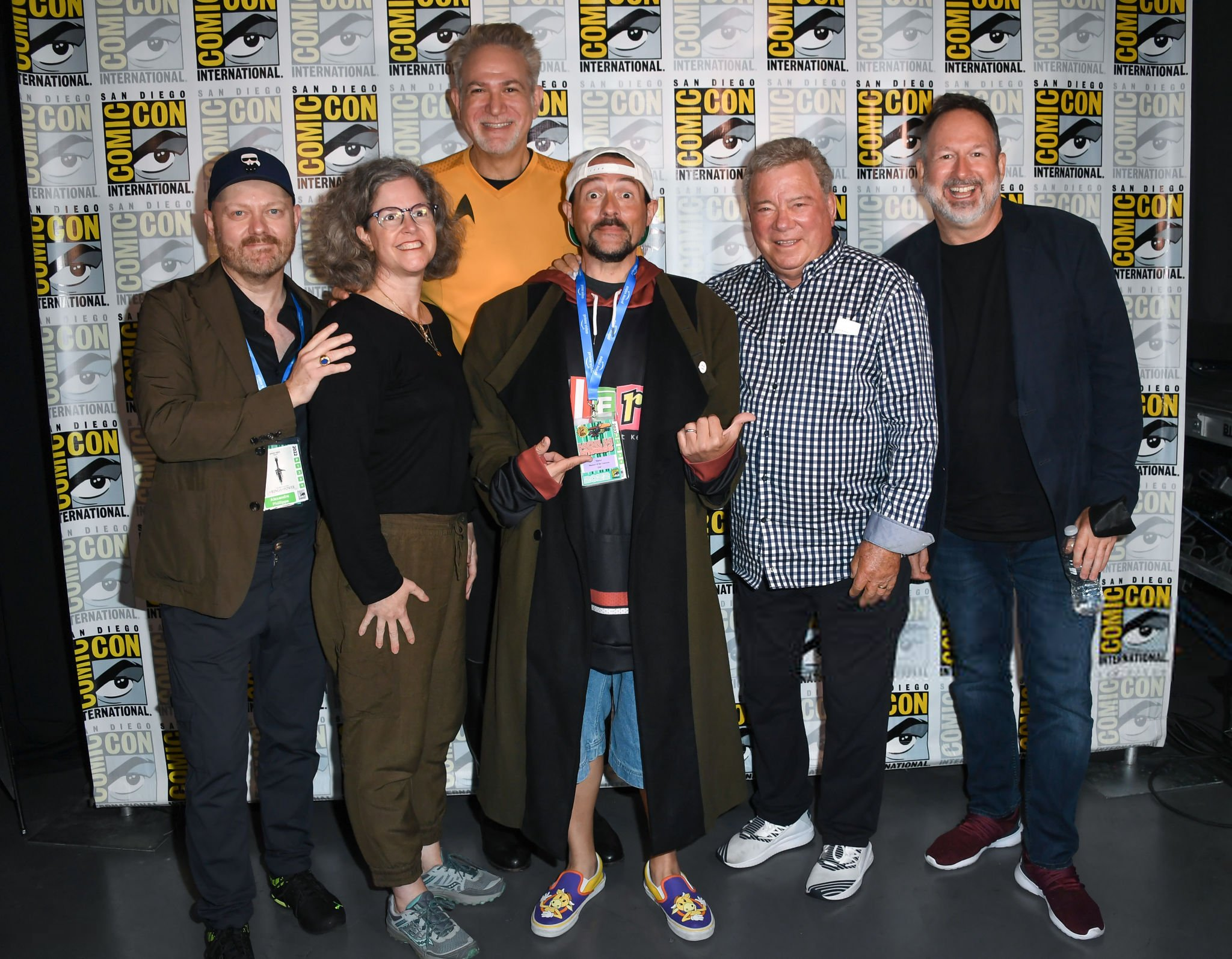  From left to right: Alexandre O. Philippe, Kerry Deignan Roy, David Baxter, Kevin Smith, William Shatner, and Jeff Annison.   Photo credit: Al Ortega / Getty Images 