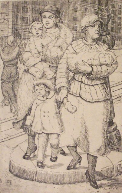 From Susan Teller Gallery, Mary Fife, Women and Children Crossing the Street, about 1925, etching, 7 x 4 inches 