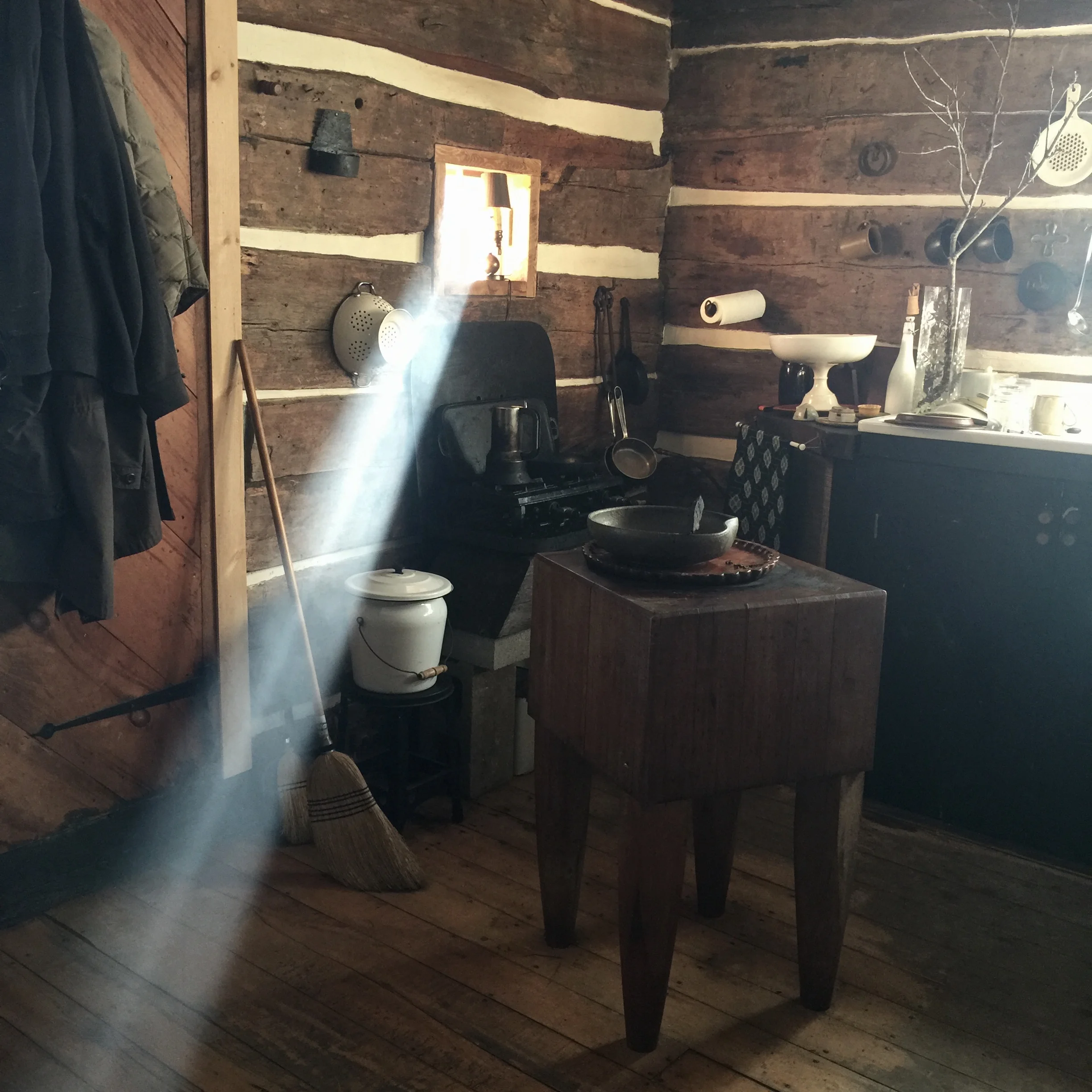John-Paul Phillippe’s tiny cabin in Sharon, Connecticut; kitchen area.