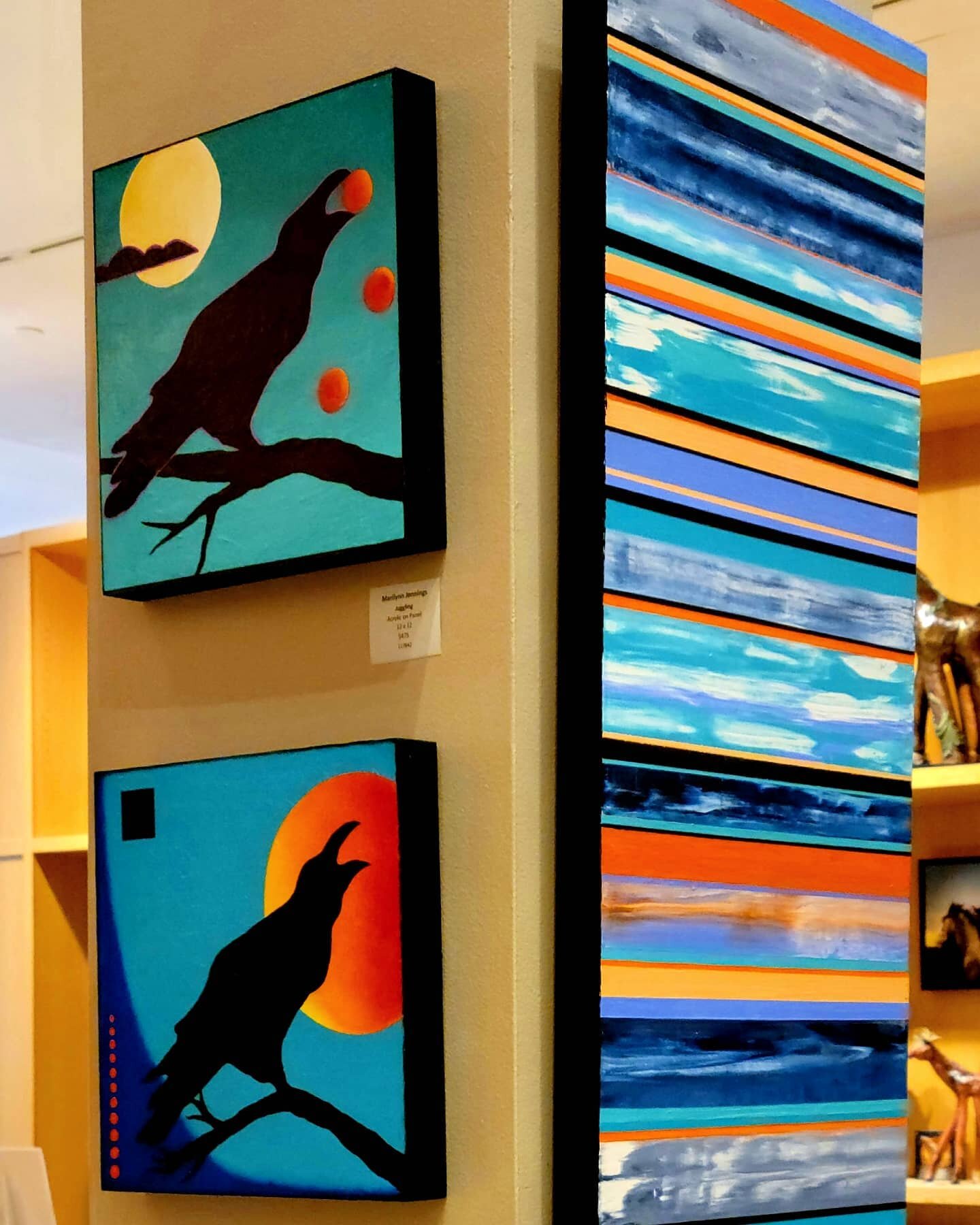 A few of my paintings @truewestofsantafe  for the Indian Market August 21/22. #galleryshow #truewestgallery #indianmarket #ravens #ravenpainting #abstractpainting #truewestofsantafe  #abstractartist #santafeartist #santafegallery #colorfulpainting #m