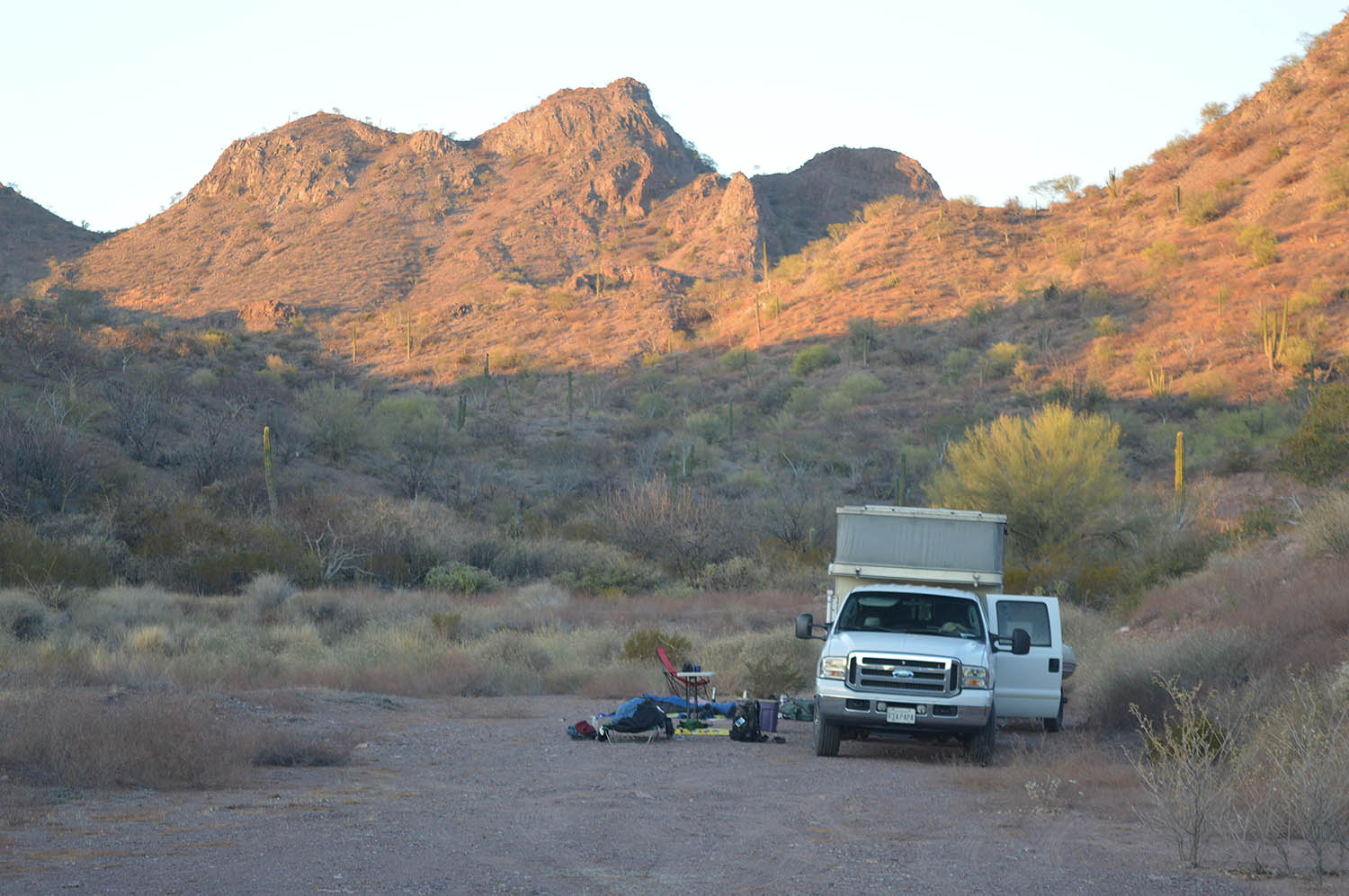 Camp at sunset, near San Bruno.
