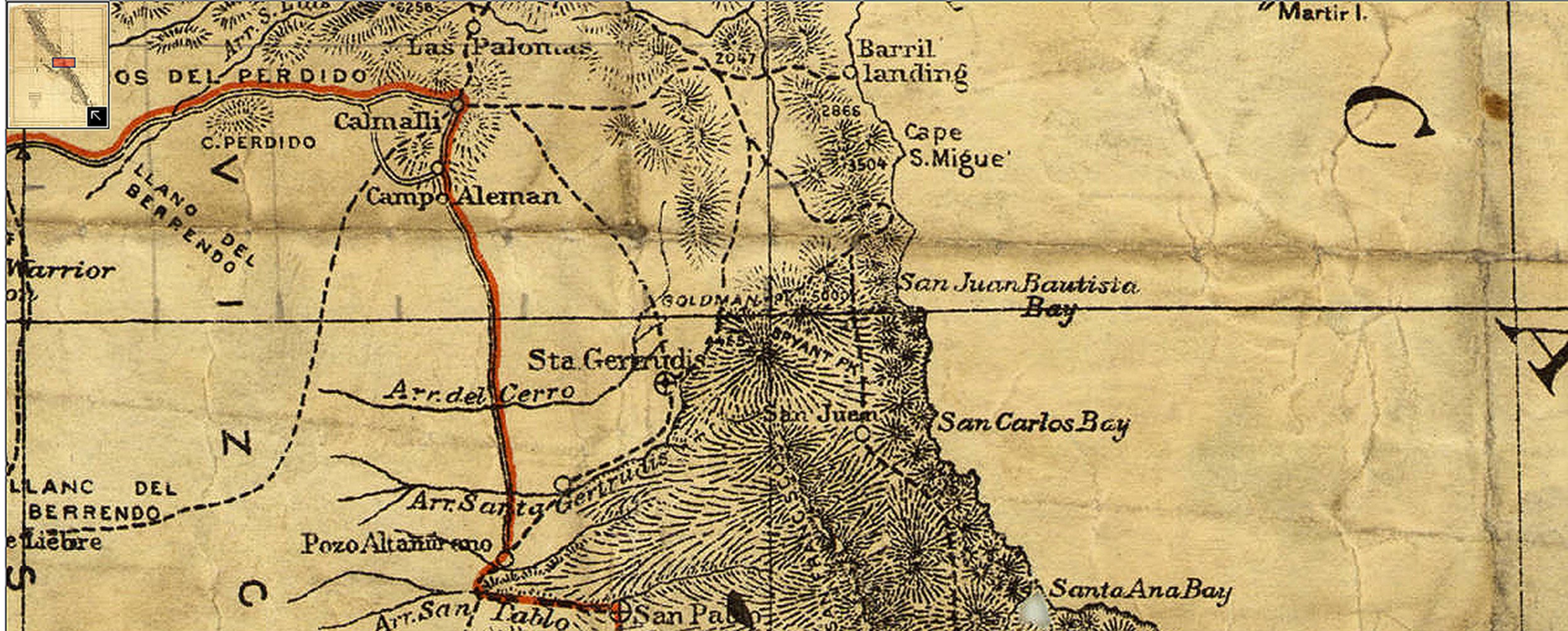 1919 map of Baja. Goldman Peak at center, northeast of Santa Gertrudis.